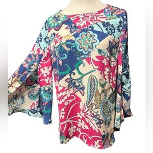 Chicos Womens Size 1 Multi‎ Color Patchwork Paisley Floral Split Bell Sleeve Top